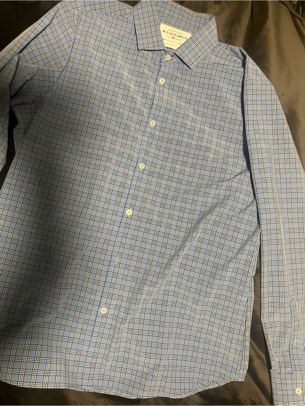 Mens button up Mizzen+Main Light Blue & Navy Plaid Dress Shirt
